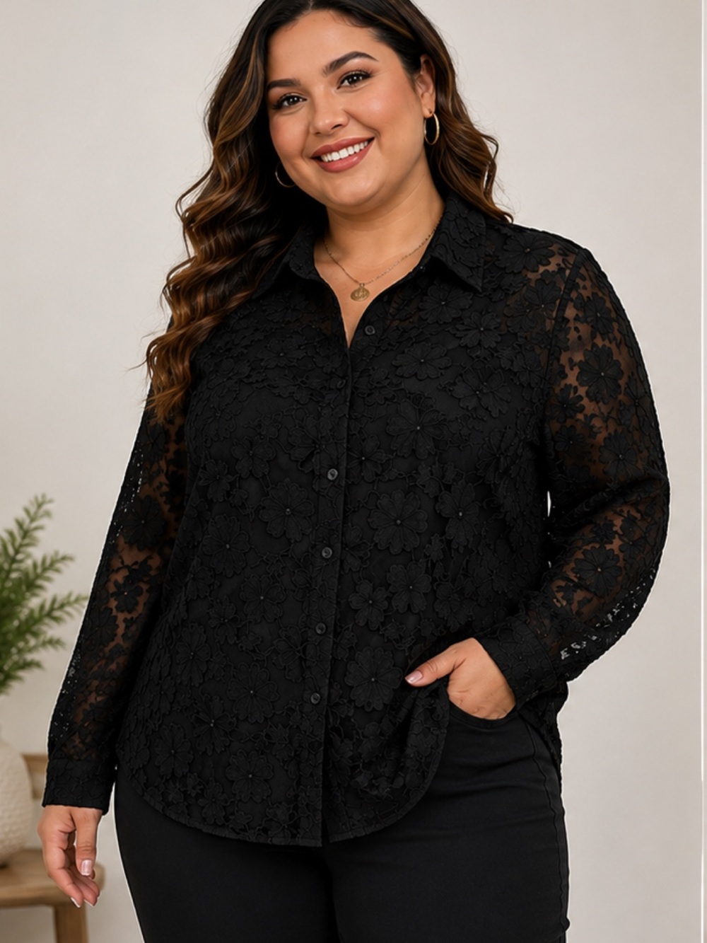 PRETTYGARDEN Black Textured Floral Lace Button-Down Blouse 2XL NWT